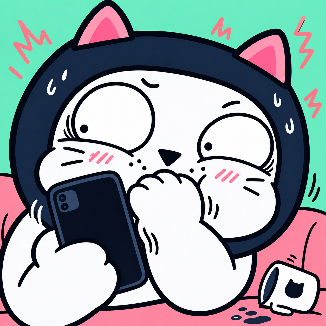 Chubby Meow Intern peeking at a phone with wide eyes