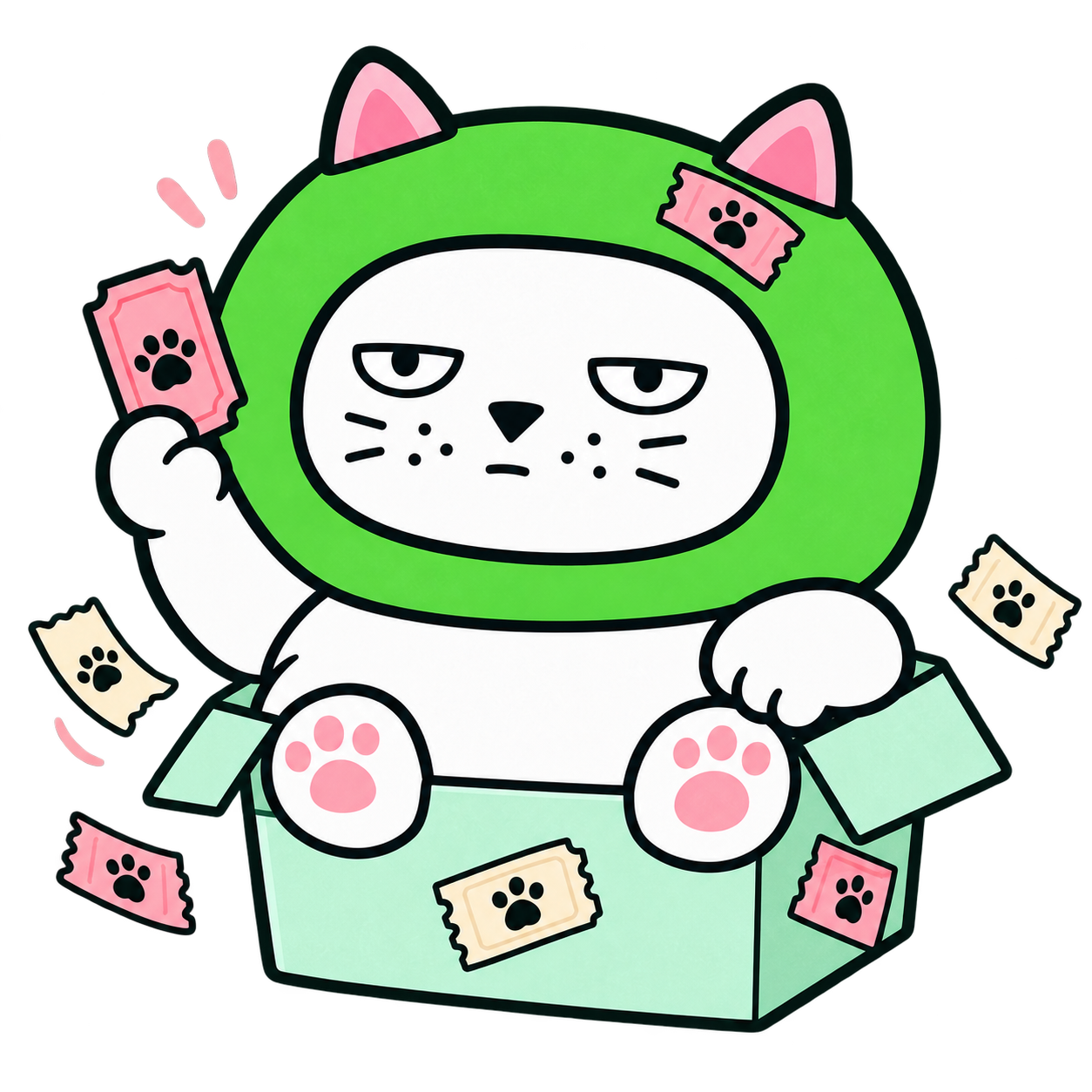 A chonky green-hooded Meow squeezed into a tiny raffle booth, holding a ticket